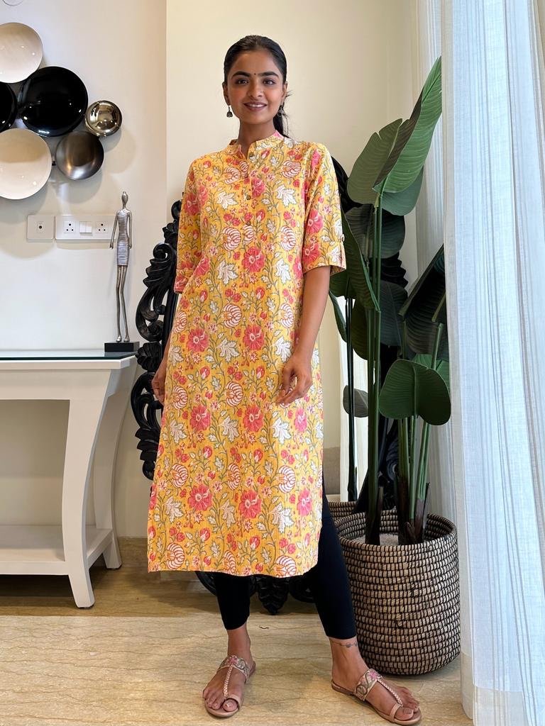 Weekend Cotton Kurta- Yellow Big Floral