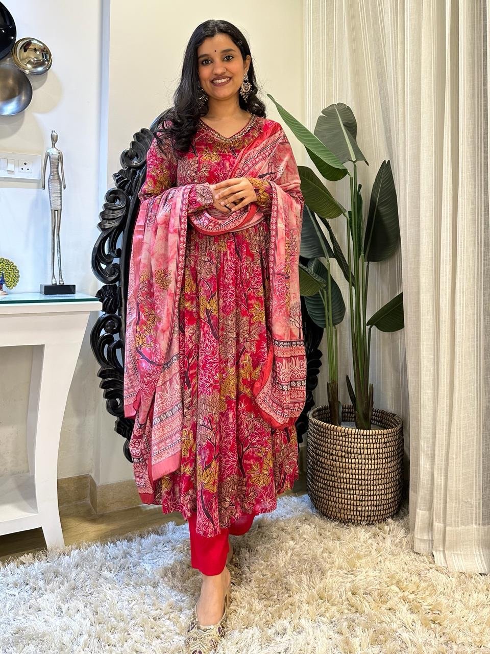 Red Floral Forest Anarkali Set