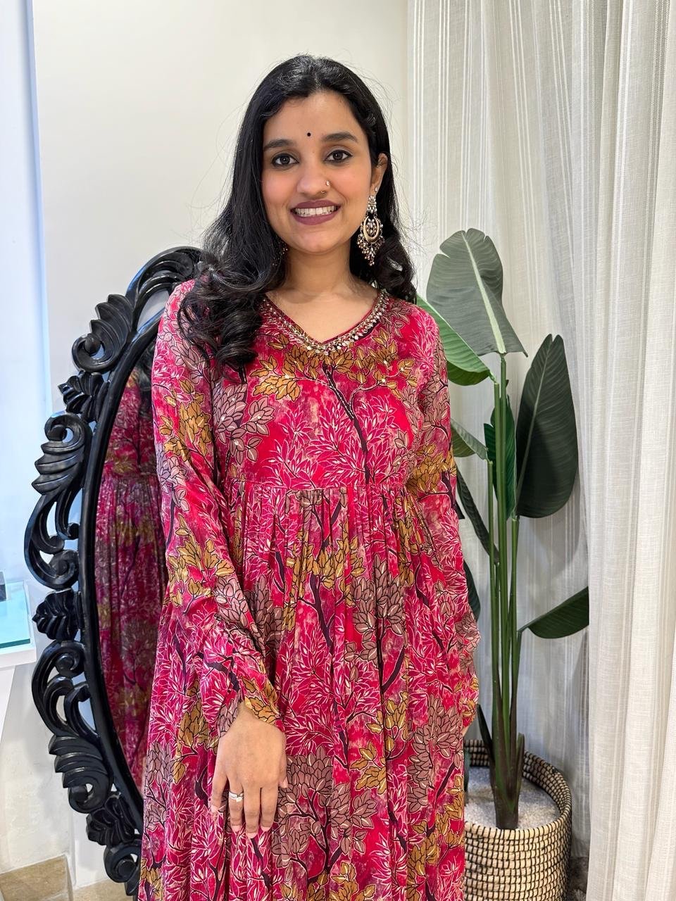 Red Floral Forest Anarkali Set