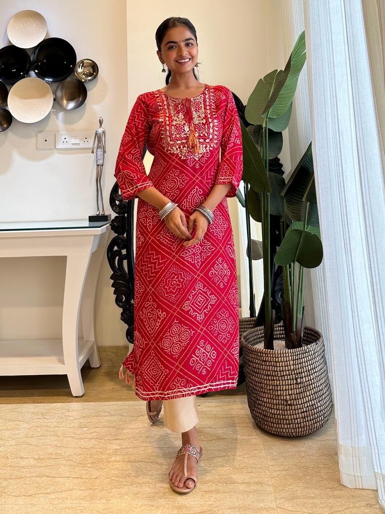 Red Bandhej Tassel Kurta