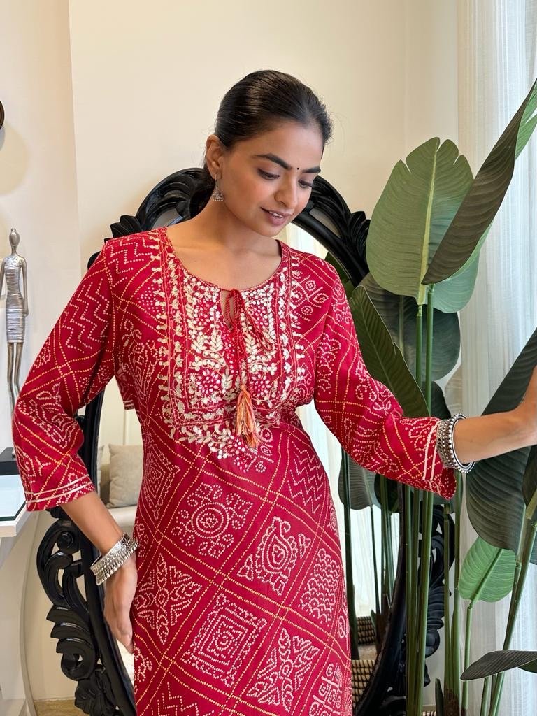 Red Bandhej Tassel Kurta