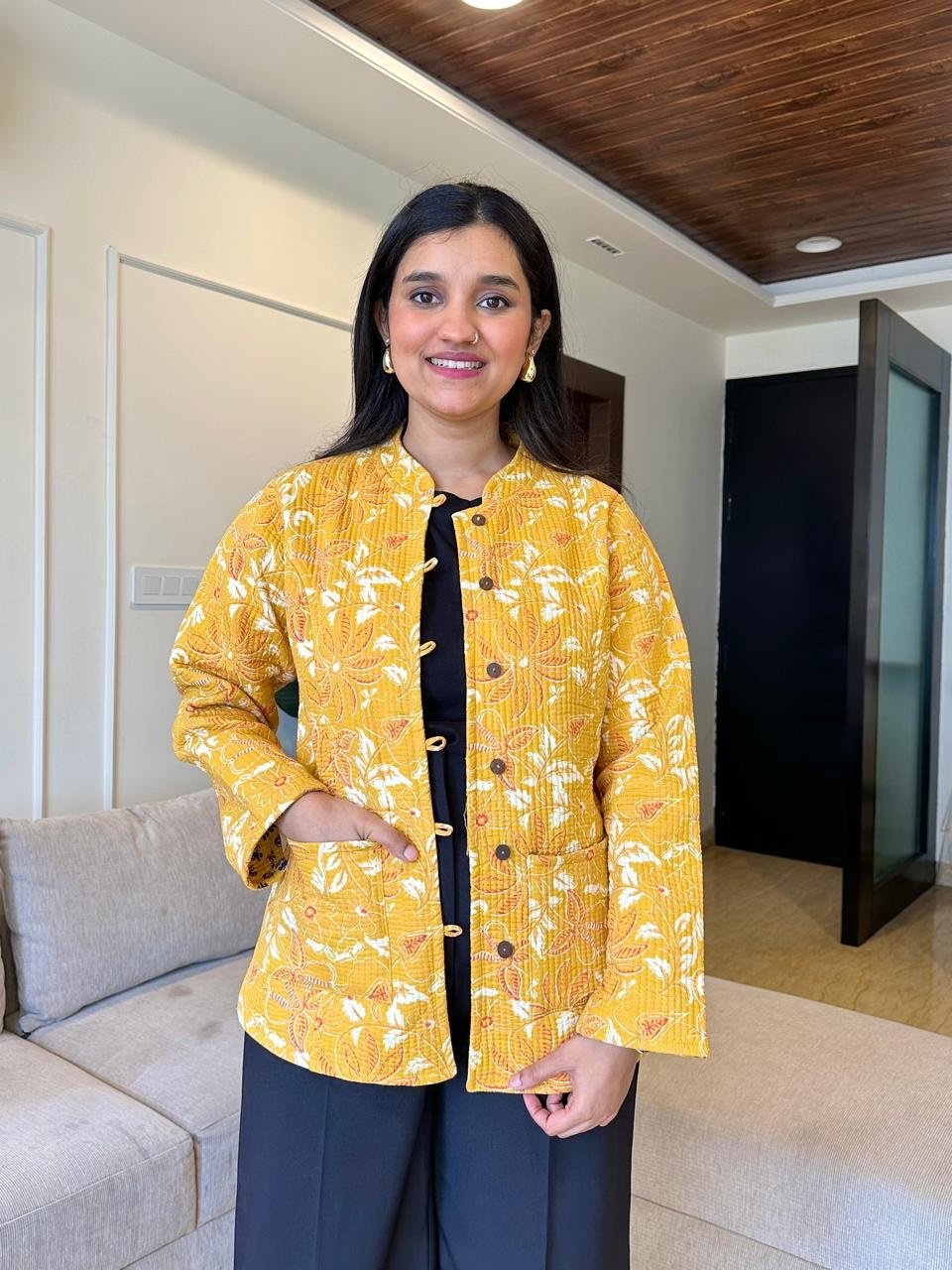 Reversible Quilted Jacket- Yellow Floral Jaal