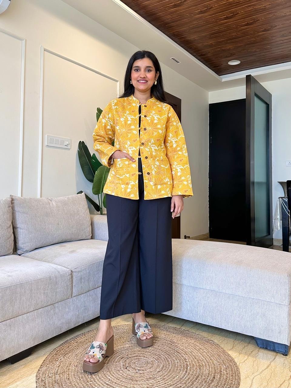 Reversible Quilted Jacket- Yellow Floral Jaal