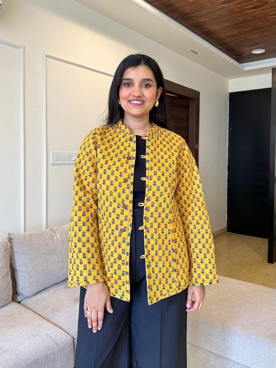 Reversible Quilted Jacket- Yellow Floral Jaal