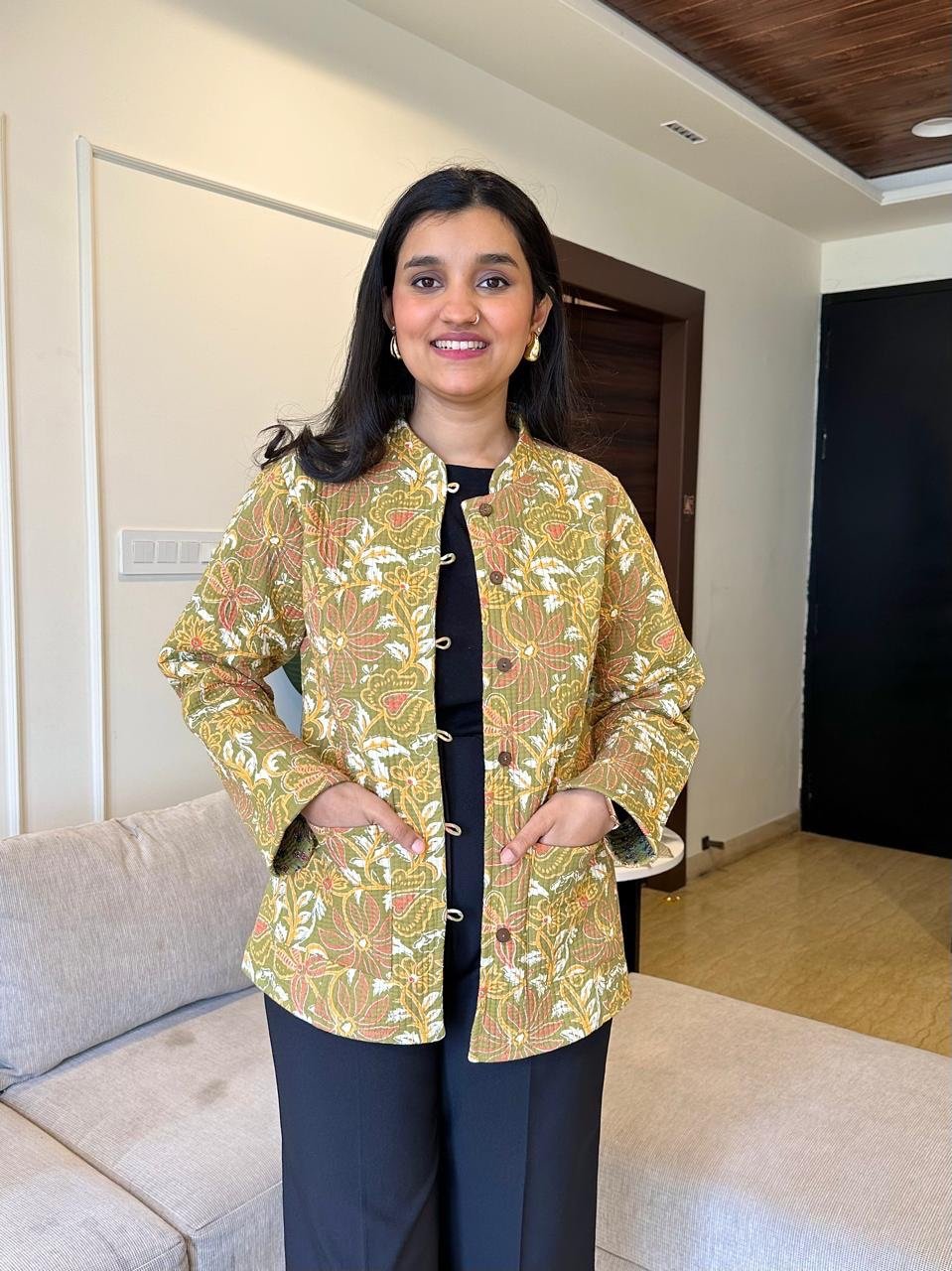 Reversible Quilted Jacket- Green Floral Jaal