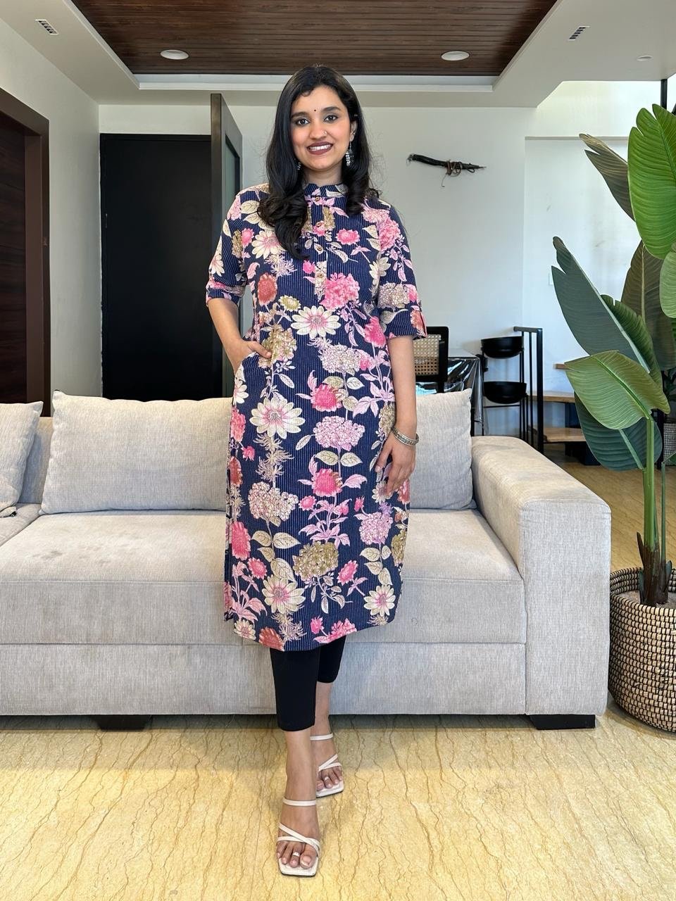 Weekend Cotton Kurta- Navy Blue Pink Florals