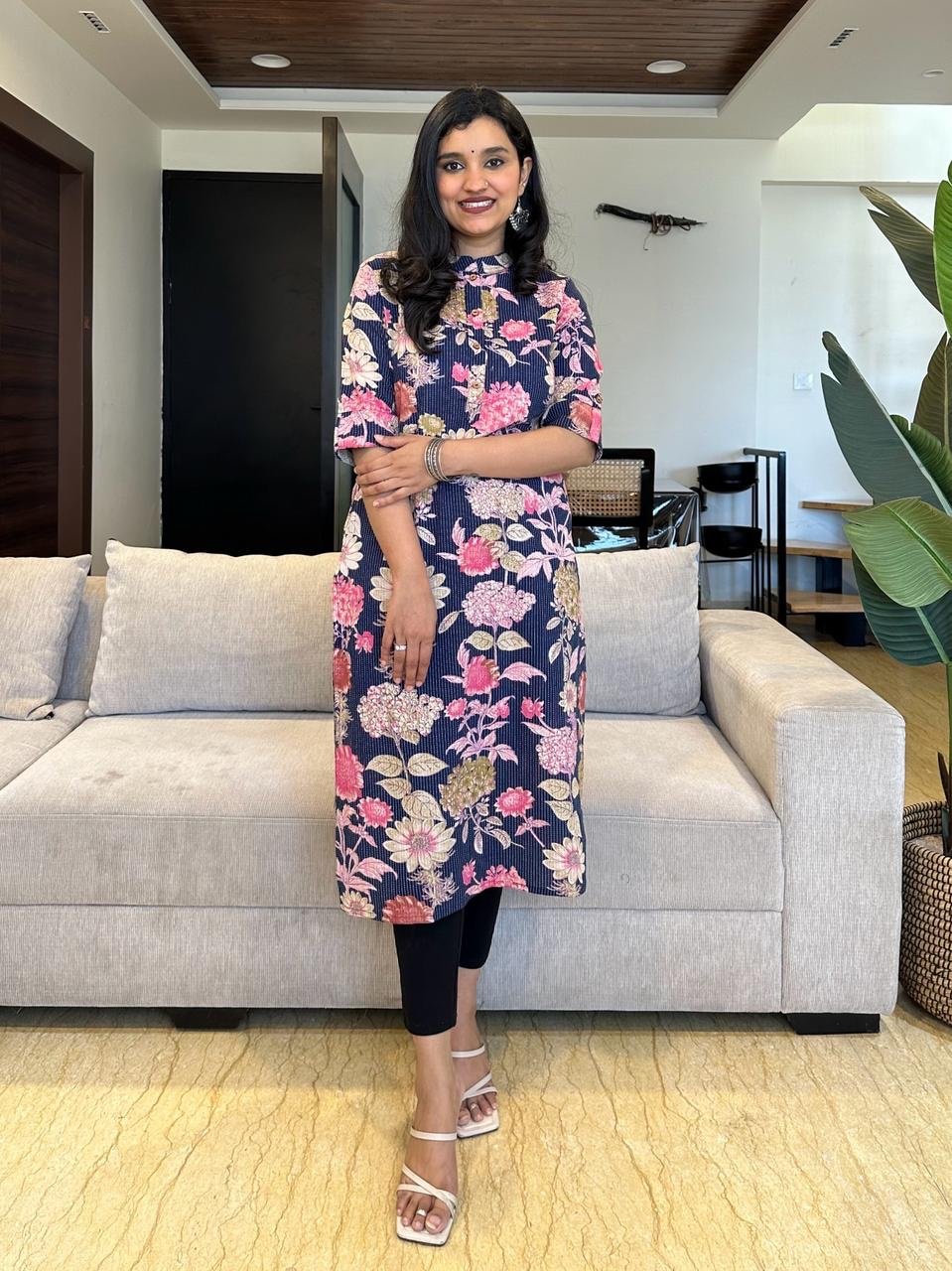 Weekend Cotton Kurta- Navy Blue Pink Florals