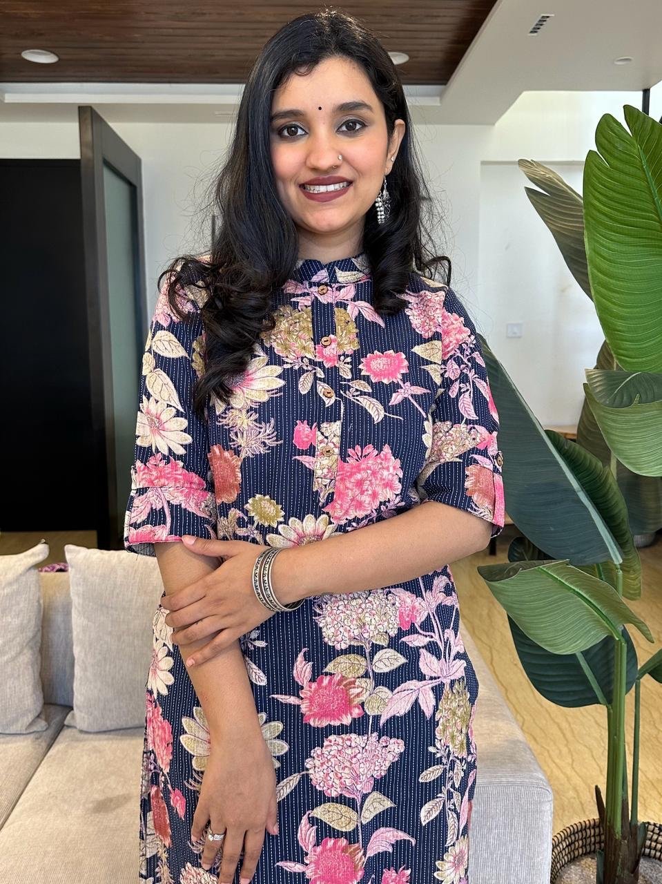 Weekend Cotton Kurta- Navy Blue Pink Florals
