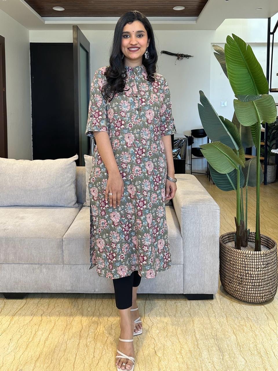 Weekend Cotton Kurta- Olive Green Florals