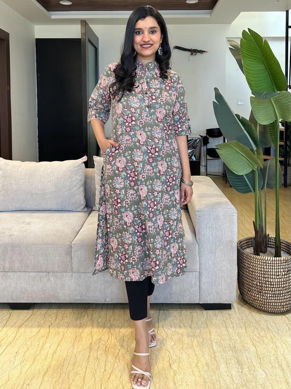 Weekend Cotton Kurta- Olive Green Florals