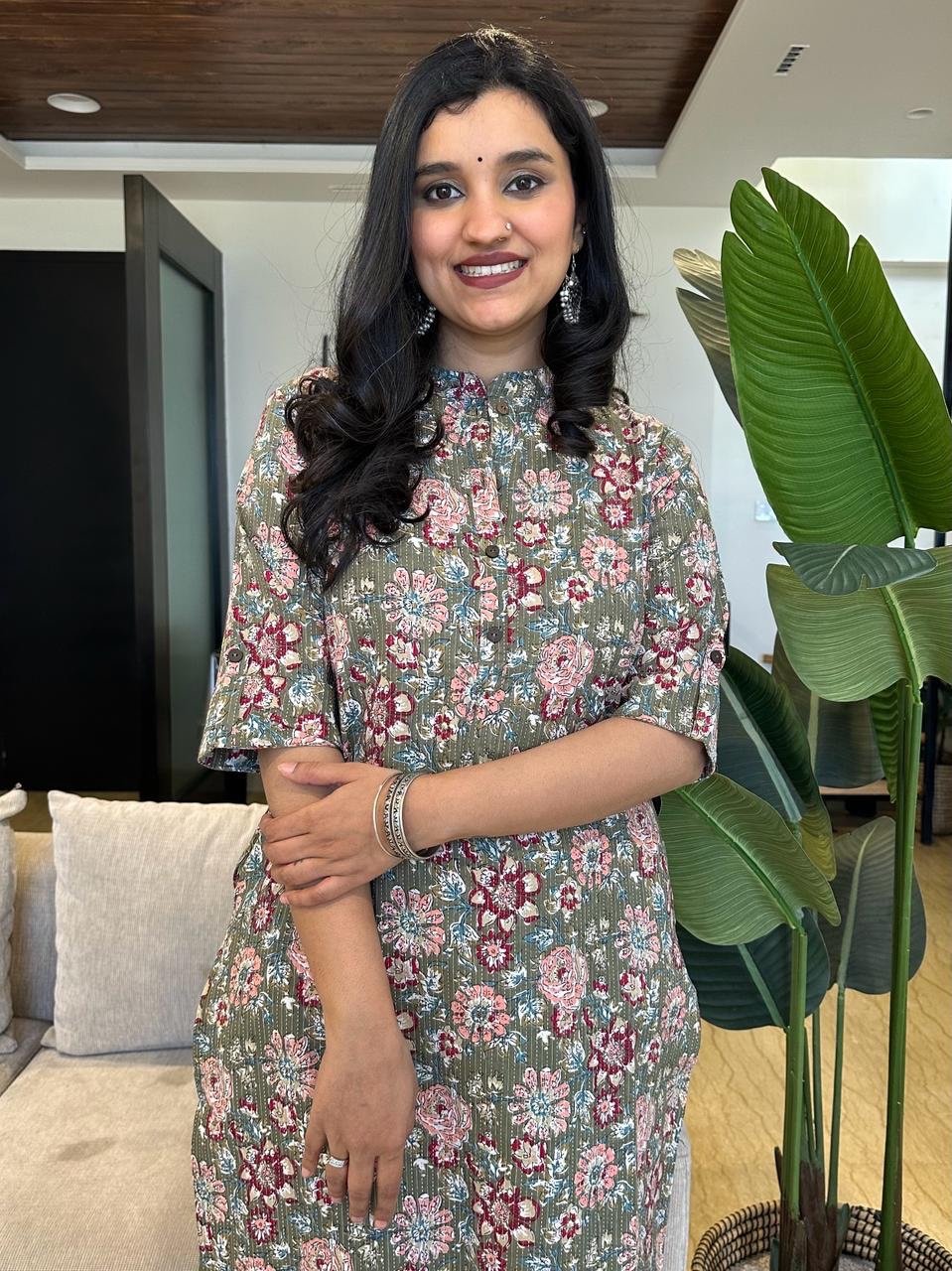 Weekend Cotton Kurta- Olive Green Florals