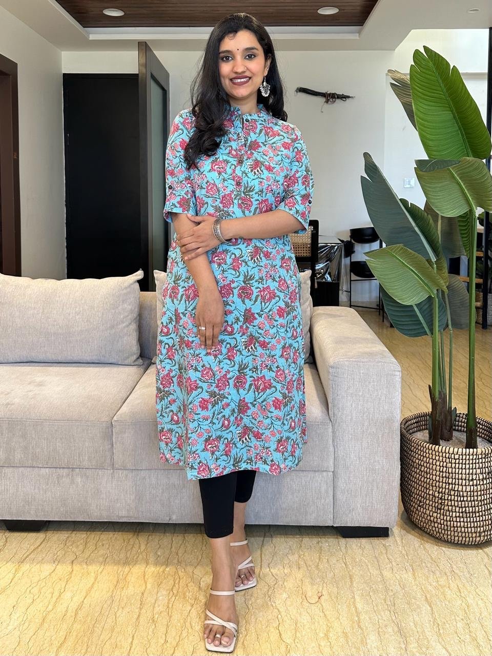 Weekend Cotton Kurta- Light Blue Floral Jaal