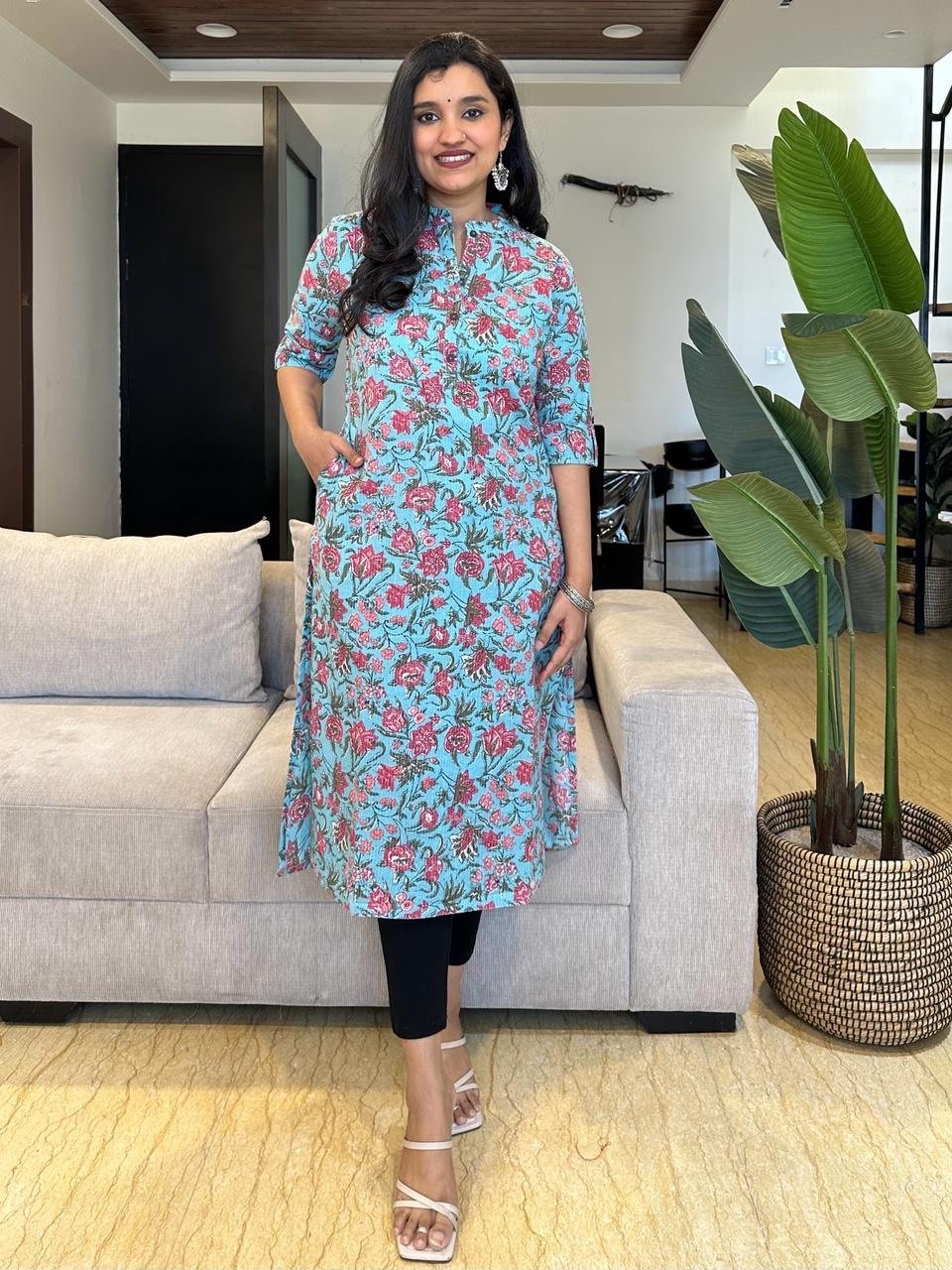 Weekend Cotton Kurta- Light Blue Floral Jaal