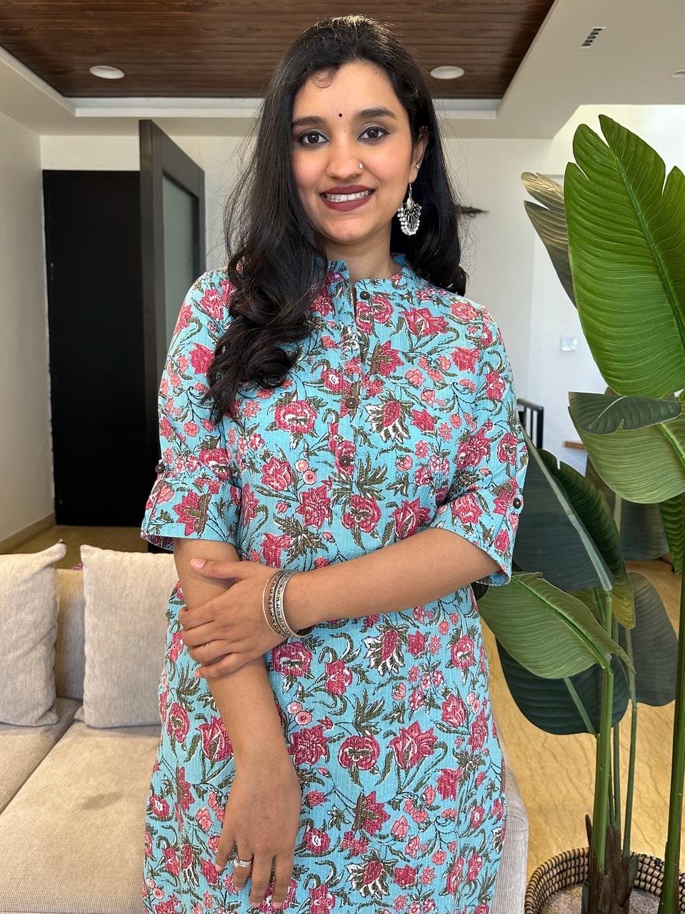 Weekend Cotton Kurta- Light Blue Floral Jaal