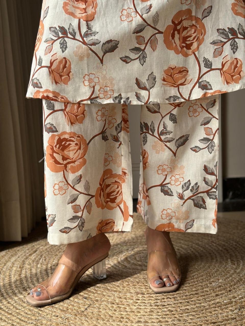 Pavitra Slub Cotton Coord Set- Orange Florals
