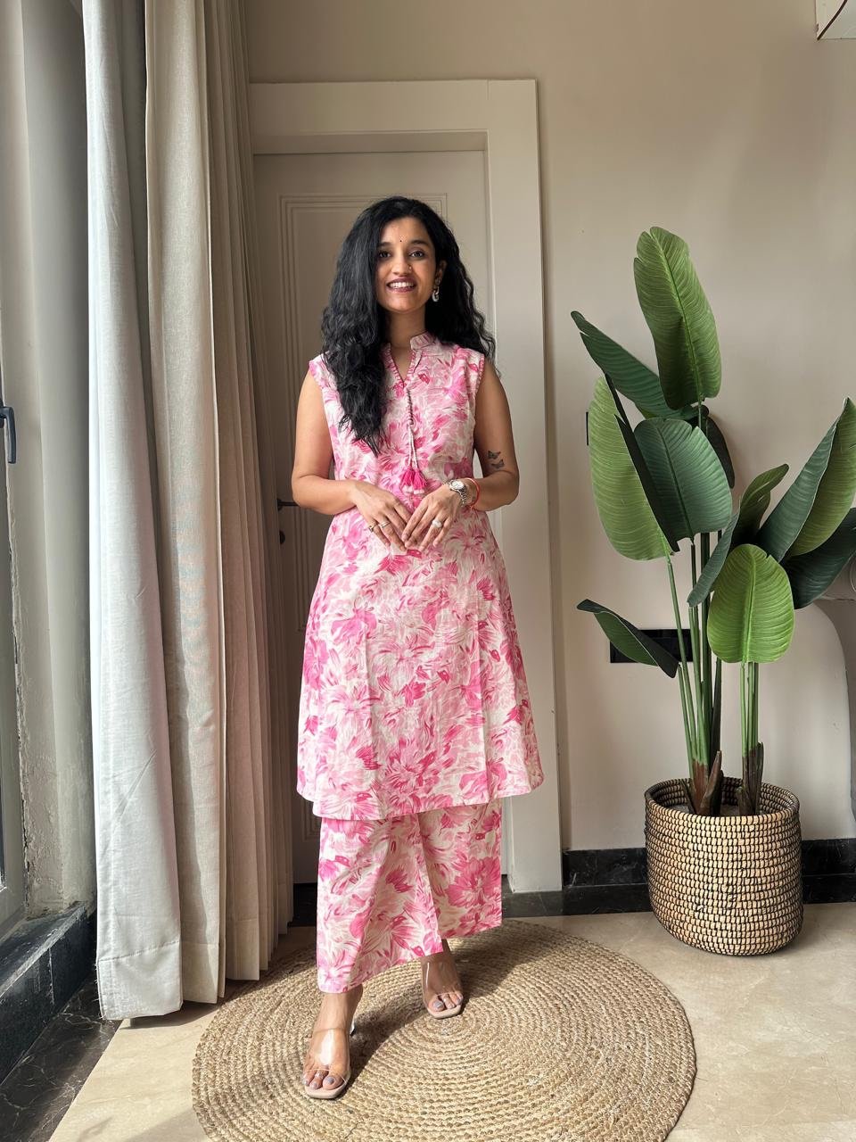 Pavitra Slub Cotton Coord Set- Pink Fizz