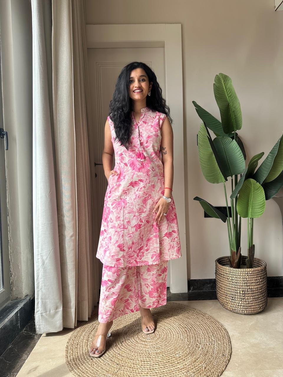 Pavitra Slub Cotton Coord Set- Pink Fizz