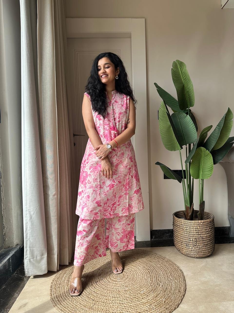 Pavitra Slub Cotton Coord Set- Pink Fizz