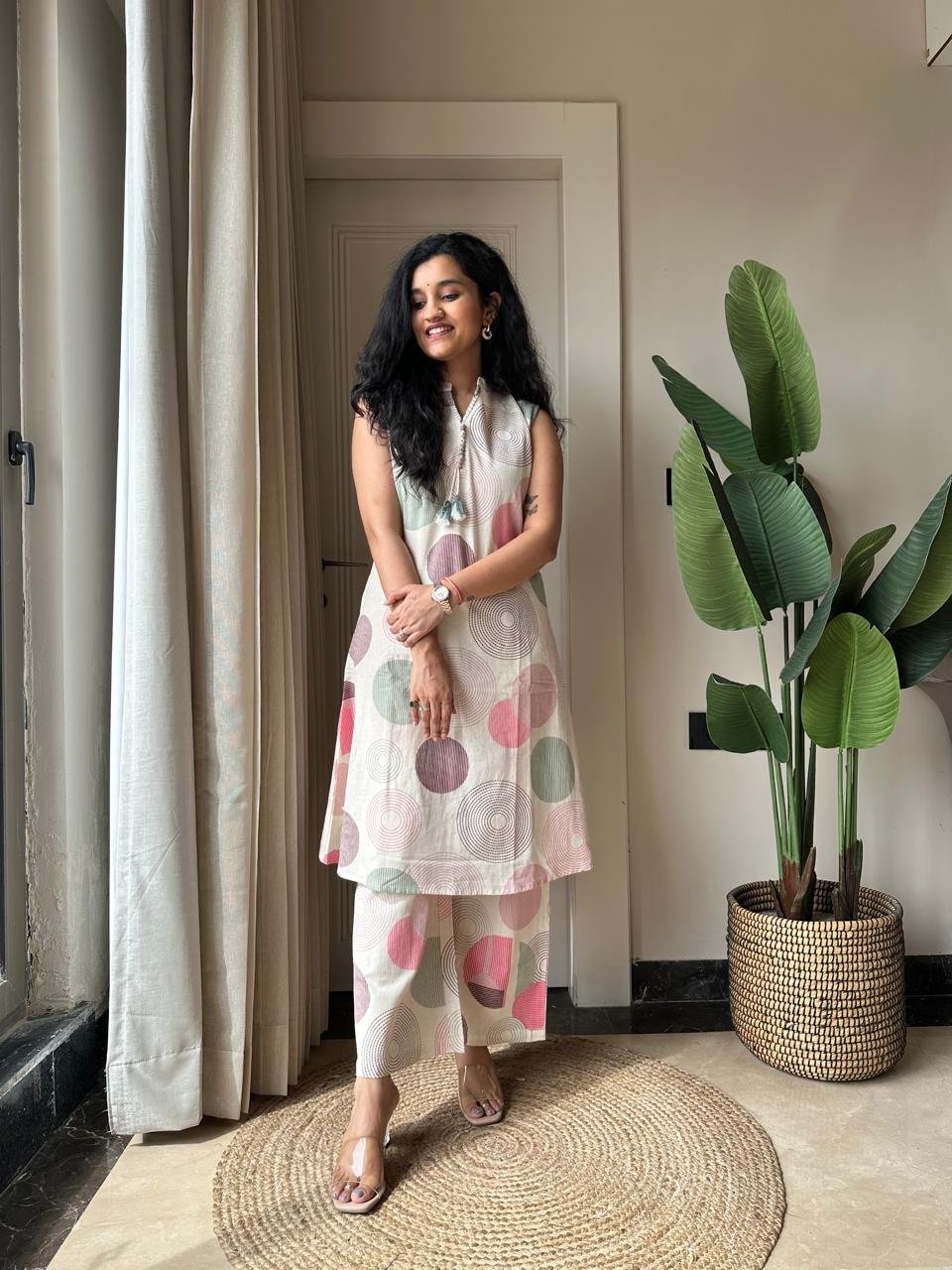 Pavitra Slub Cotton Coord Set- Pastel Circles