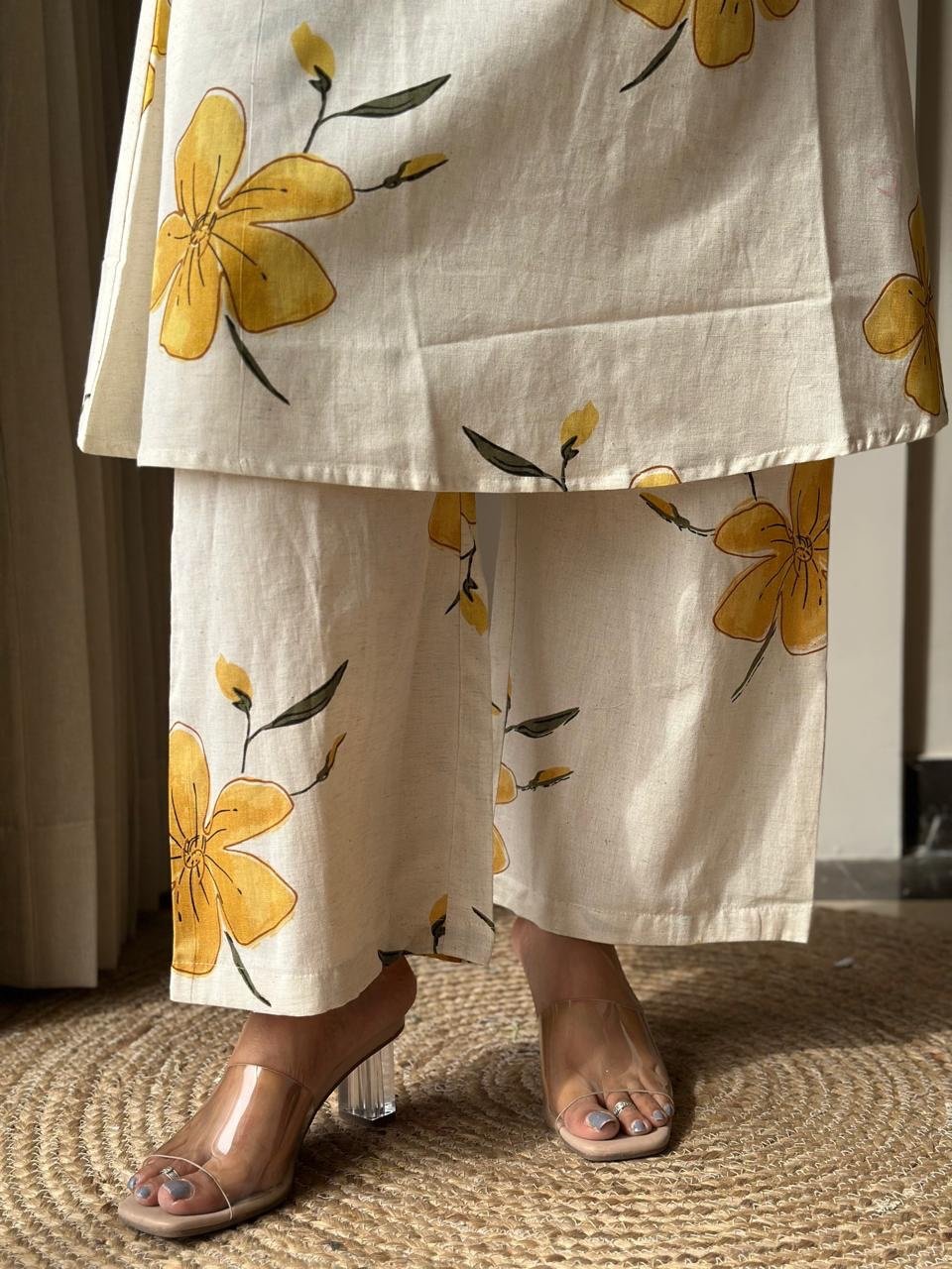 Pavitra Slub Cotton Coord Set- Yellow Flowers