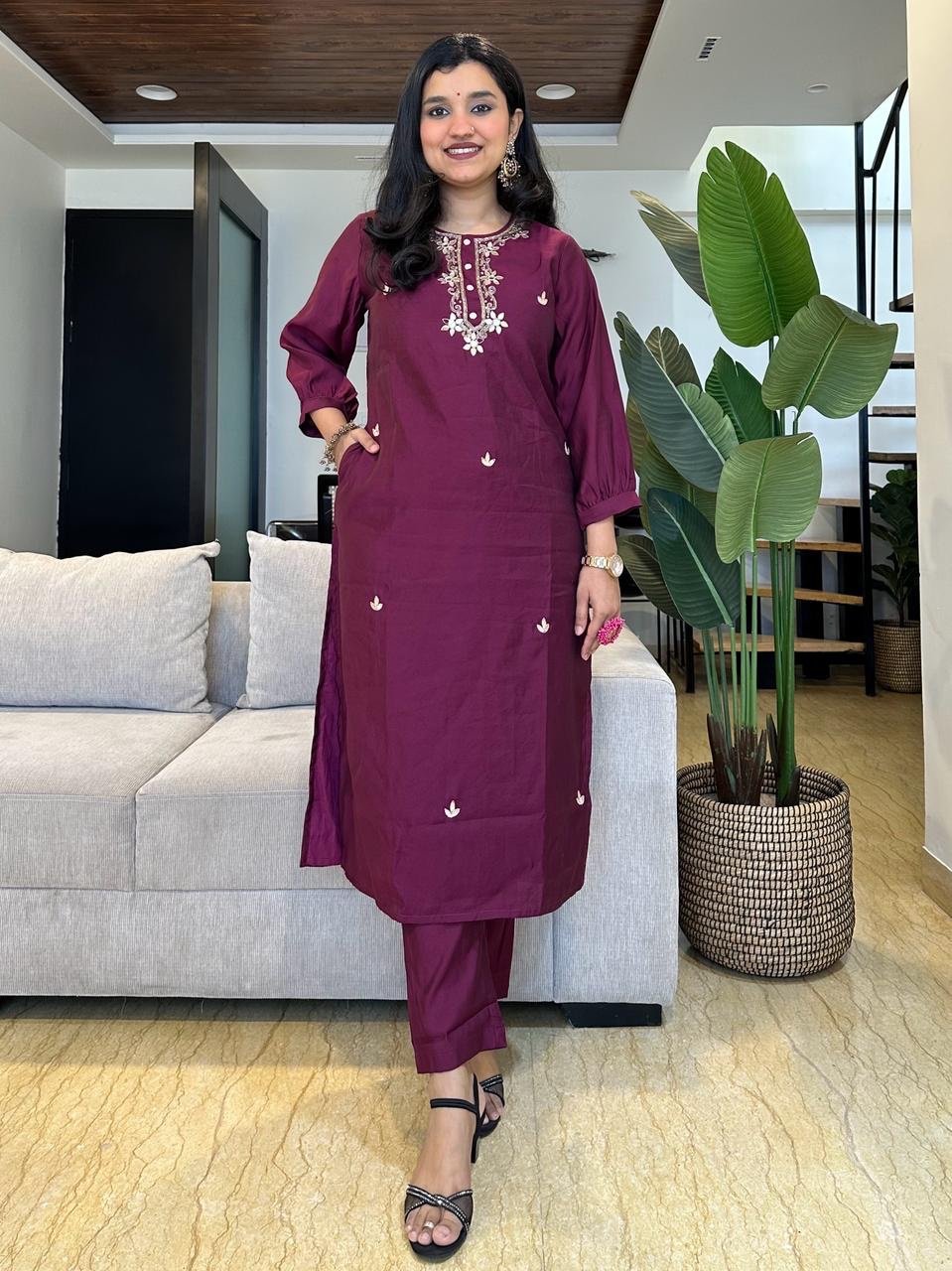Purple Elegant Zari Chanderi Suit Set