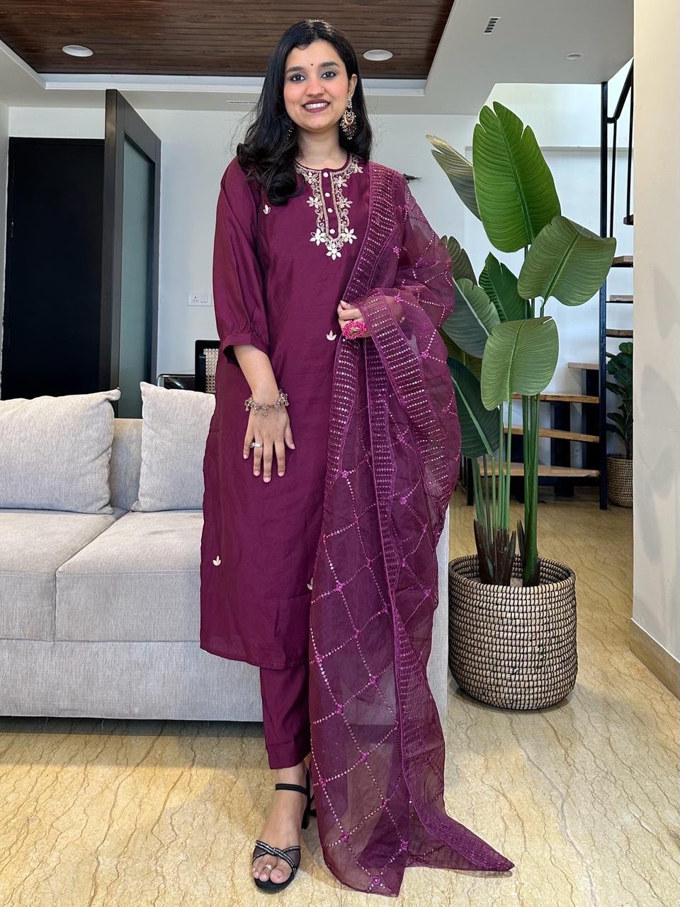 Purple Elegant Zari Chanderi Suit Set