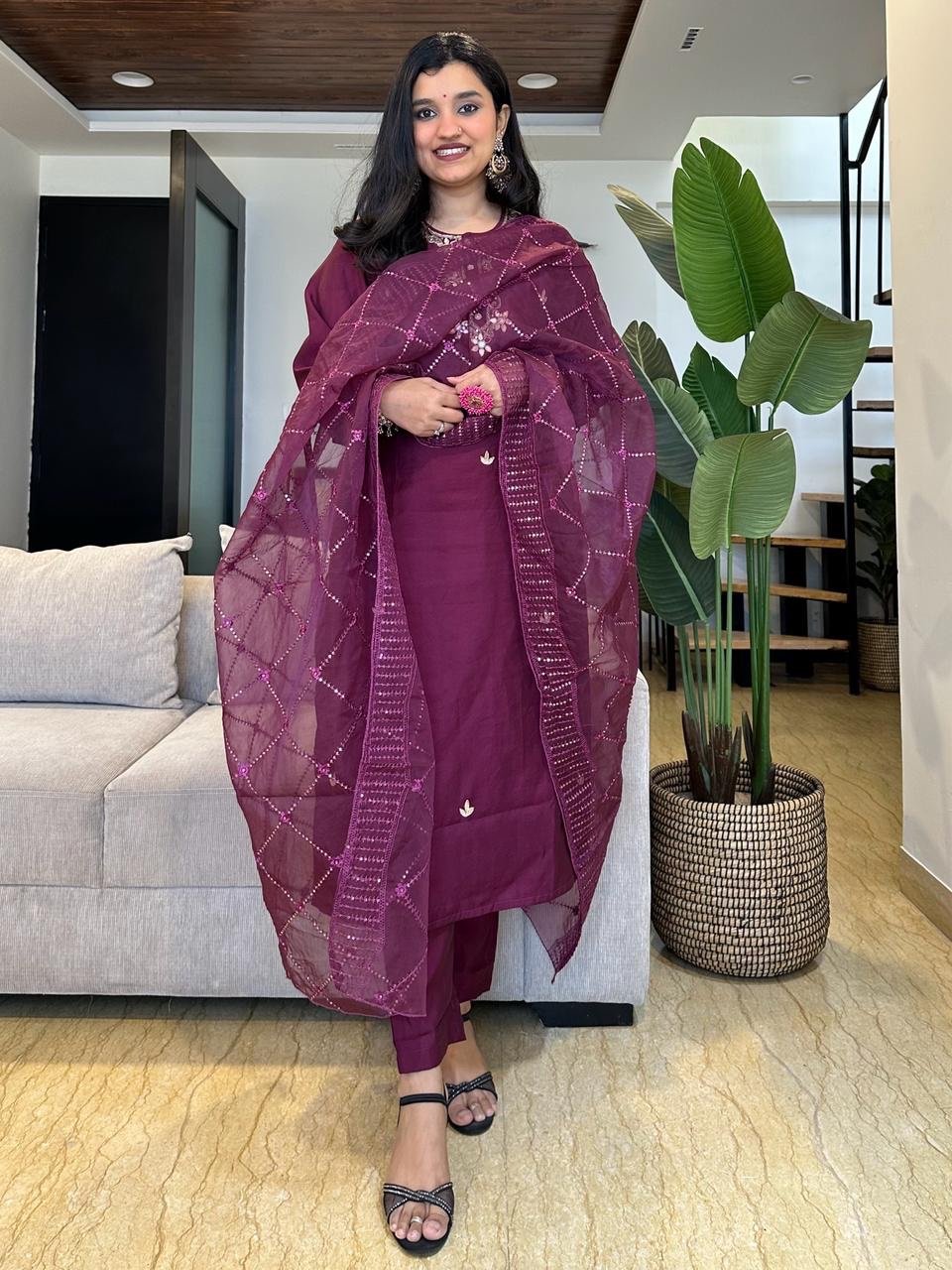 Purple Elegant Zari Chanderi Suit Set