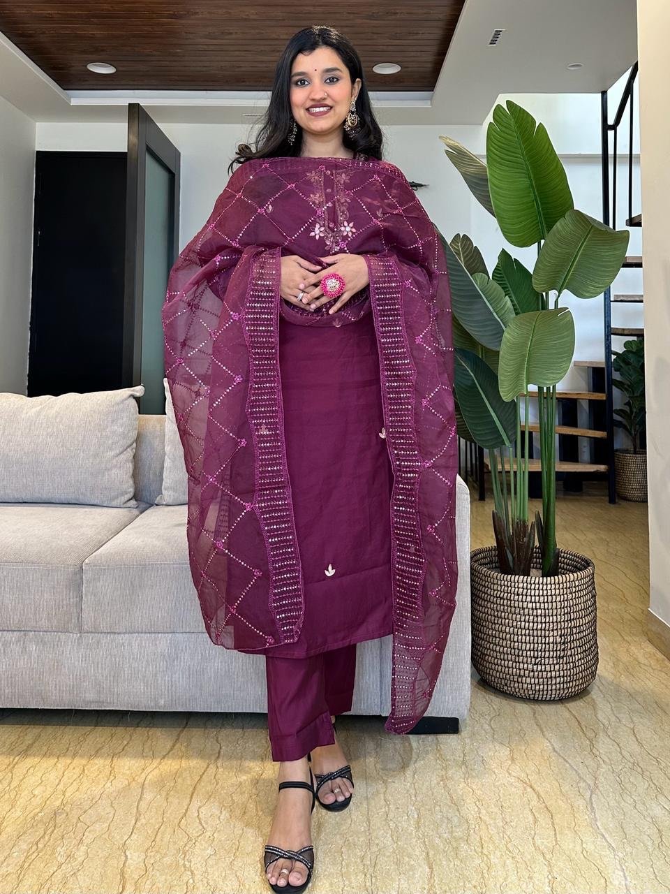 Purple Elegant Zari Chanderi Suit Set