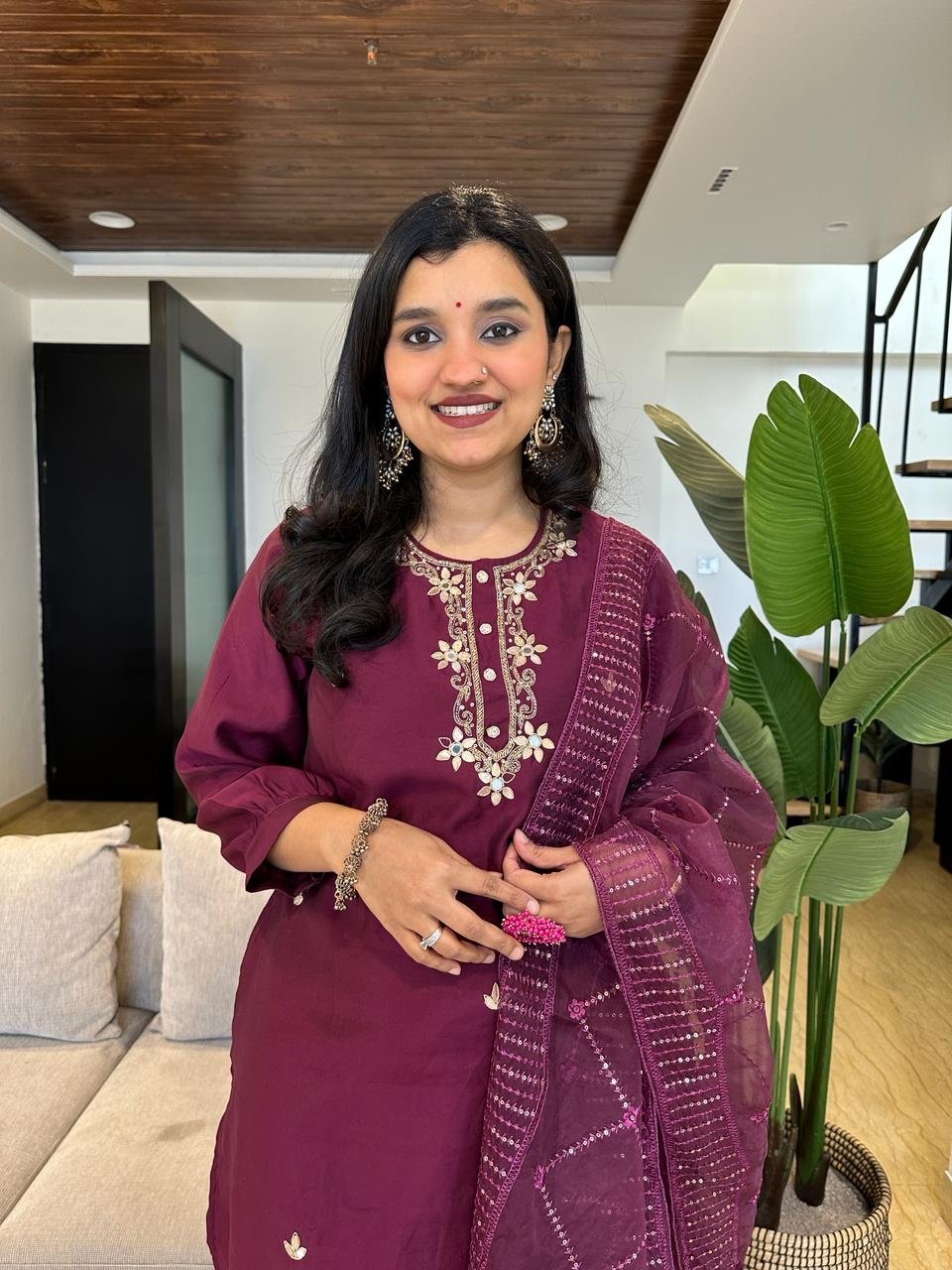 Purple Elegant Zari Chanderi Suit Set