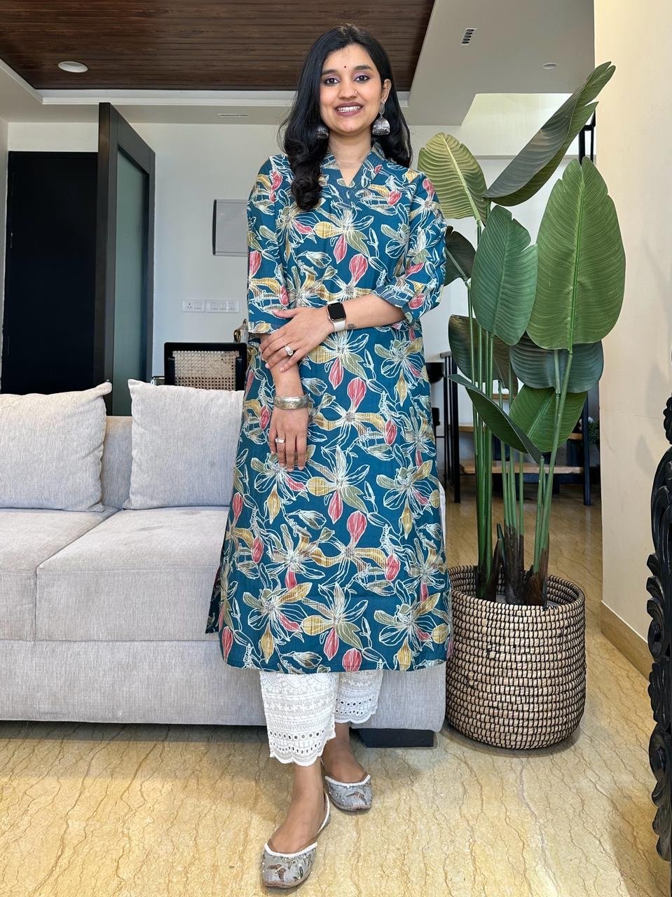 V-Neck Muslin Kurta- Teal Blue Big Florals