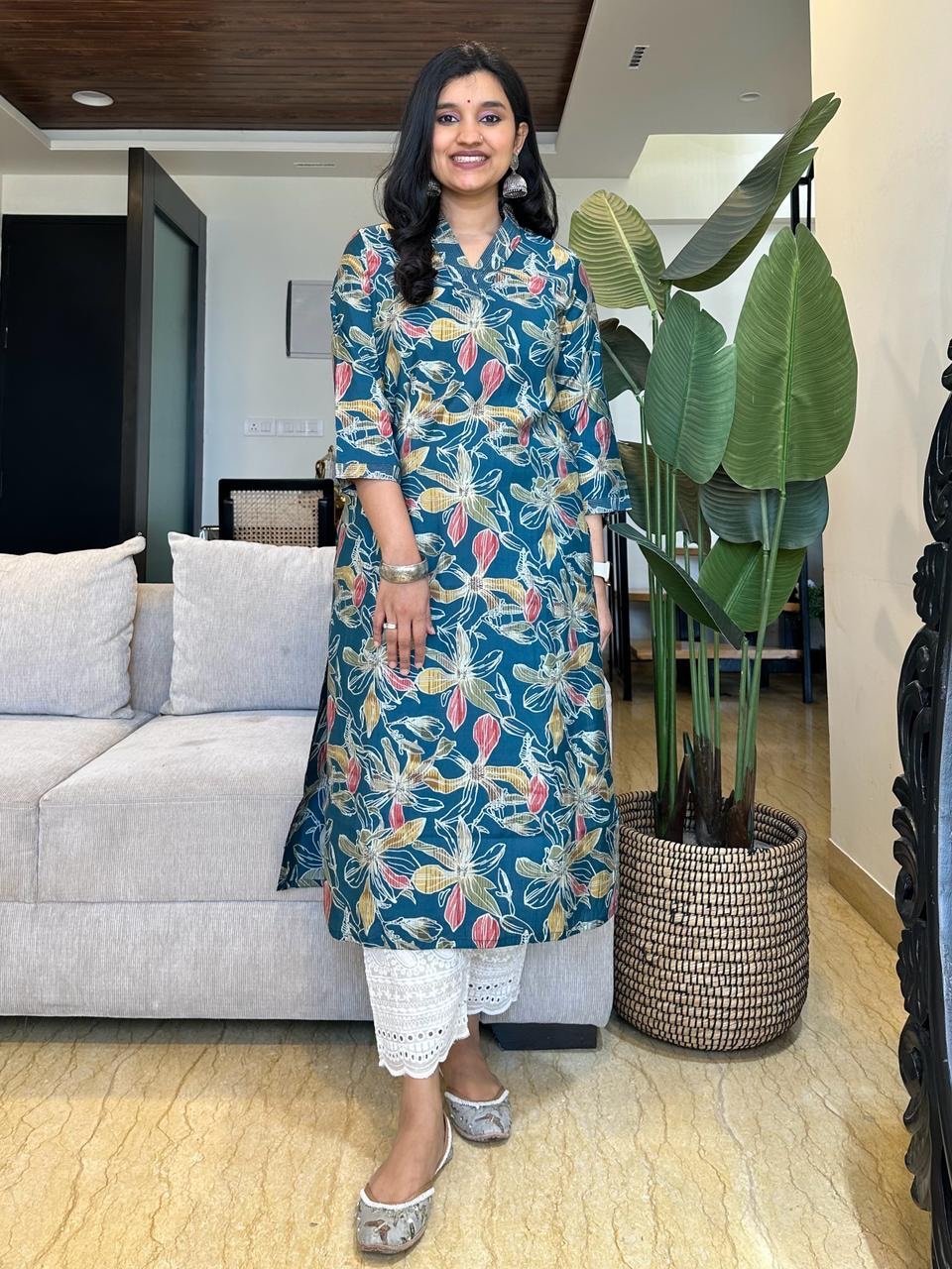 V-Neck Muslin Kurta- Teal Blue Big Florals
