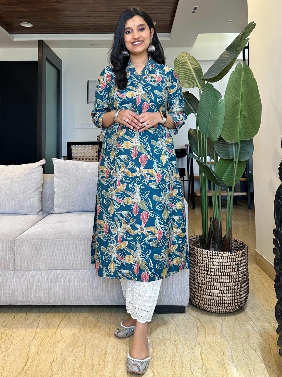 V-Neck Muslin Kurta- Teal Blue Big Florals