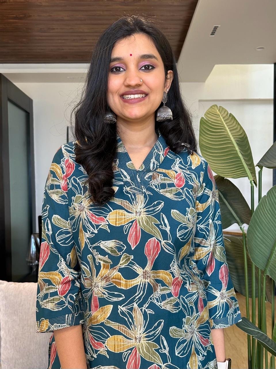 V-Neck Muslin Kurta- Teal Blue Big Florals
