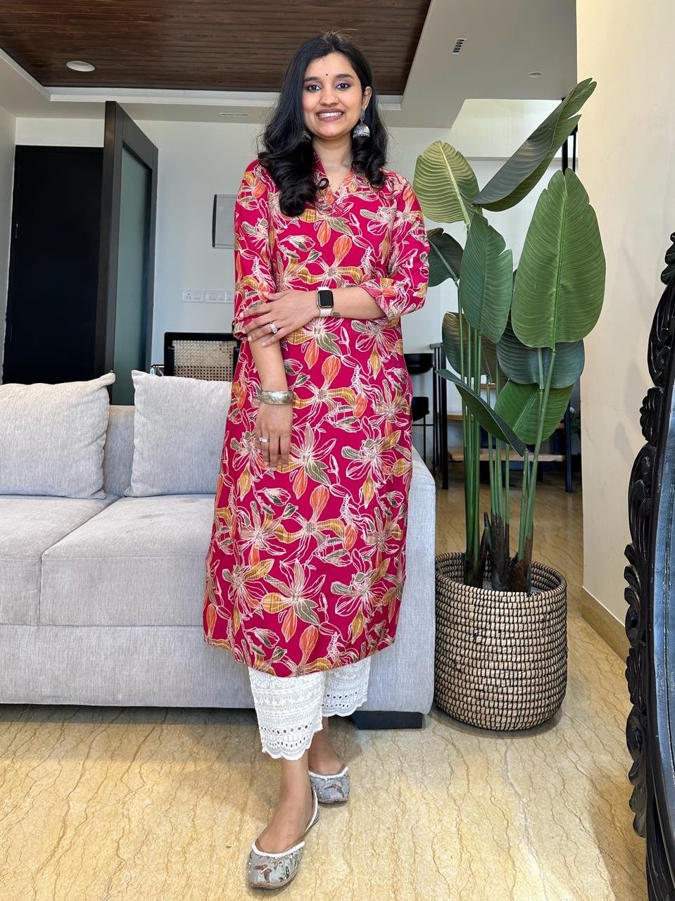 V-Neck Muslin Kurta- Dark Pink Big Florals
