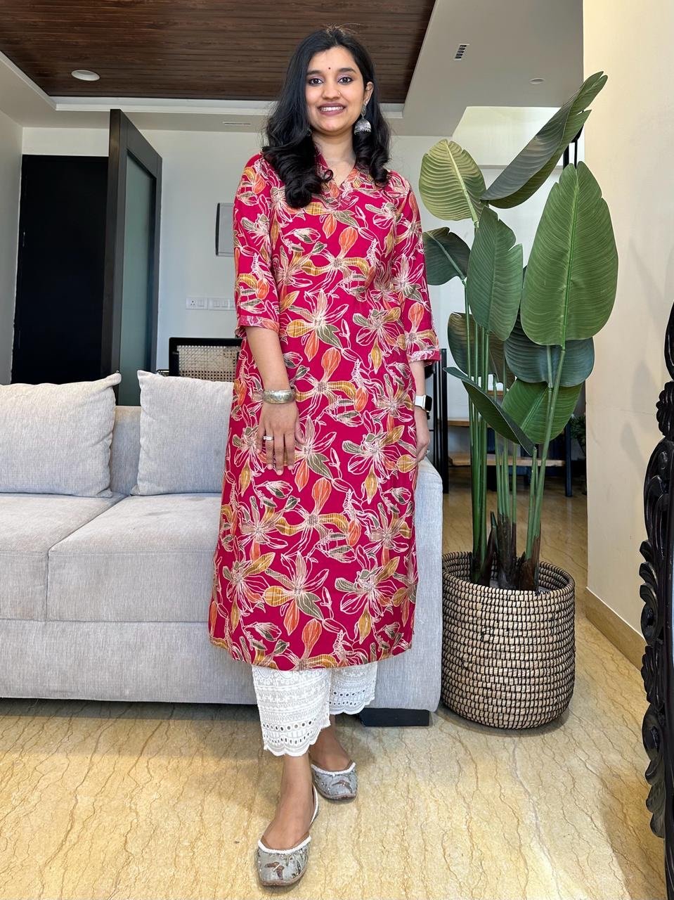 V-Neck Muslin Kurta- Dark Pink Big Florals