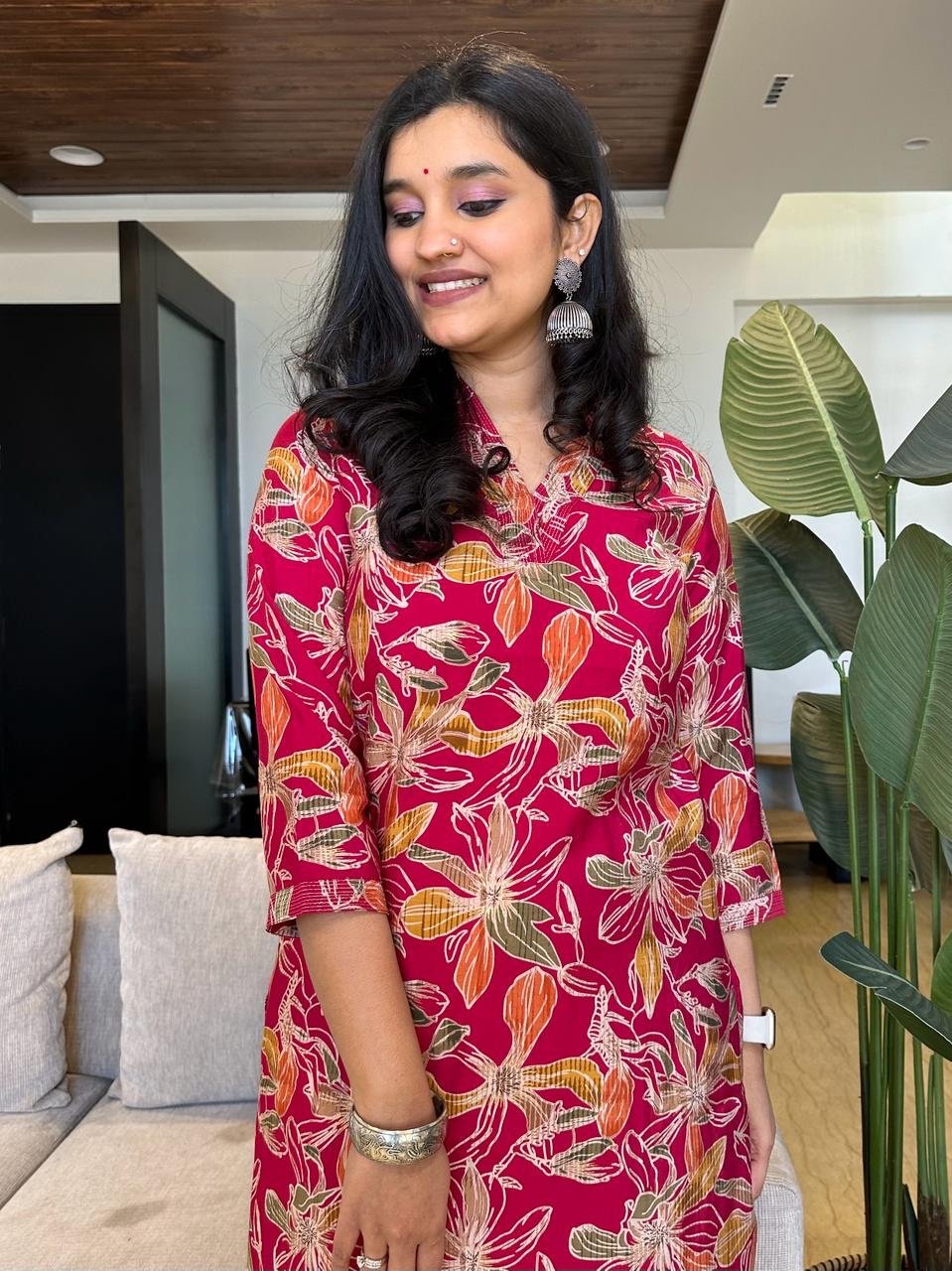 V-Neck Muslin Kurta- Dark Pink Big Florals