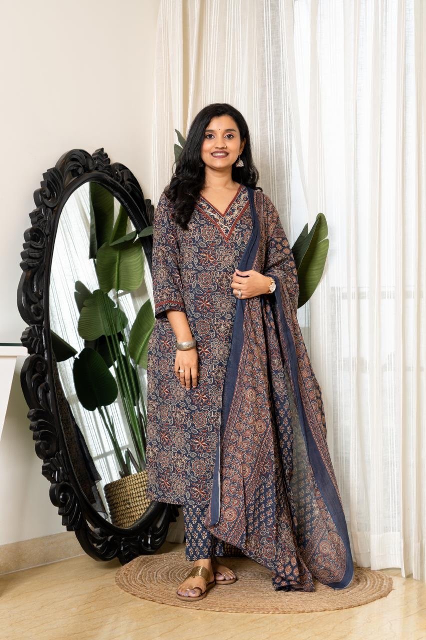 Zeenat Ajrakh Cotton Suit- Blue
