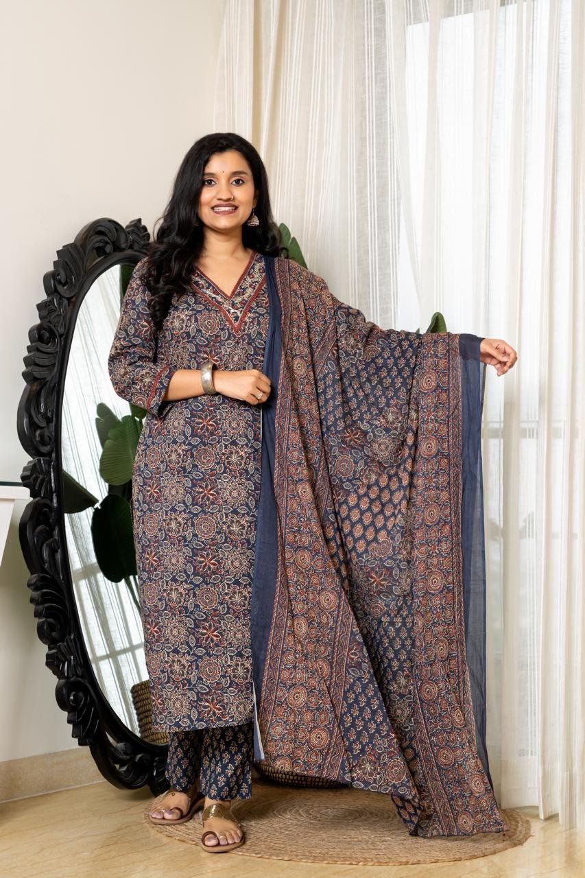 Zeenat Ajrakh Cotton Suit- Blue