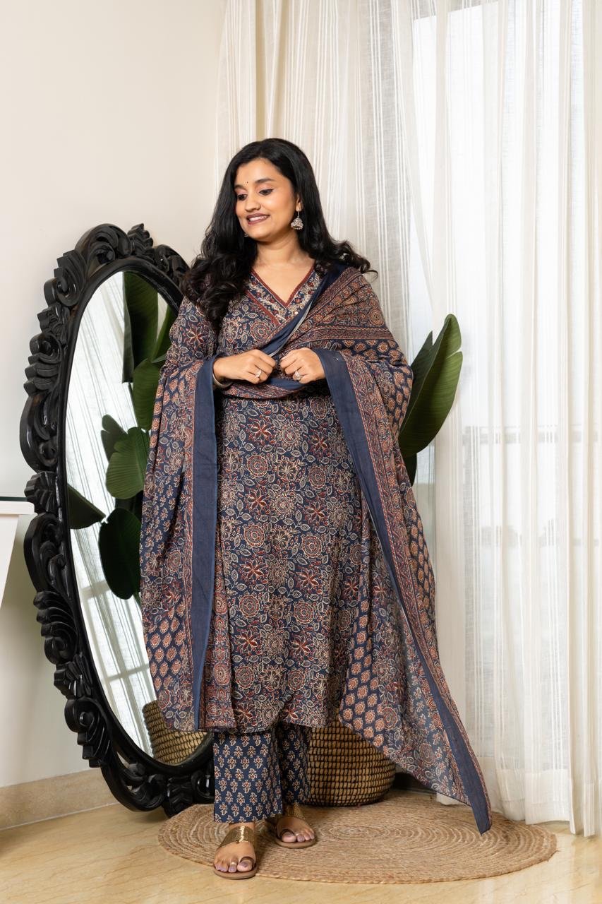Zeenat Ajrakh Cotton Suit- Blue