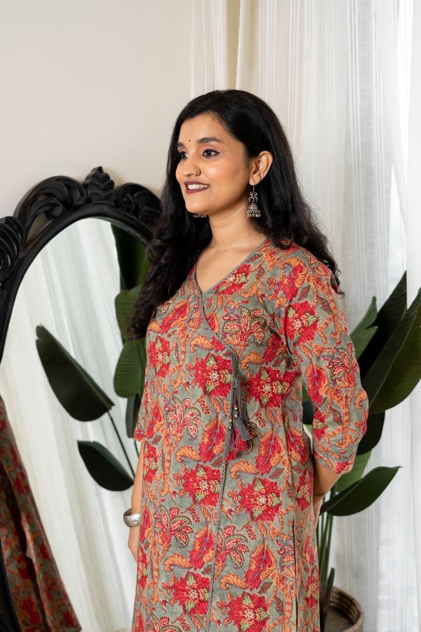 Floral Zig-Zag Angrakha Set- Greyish Green