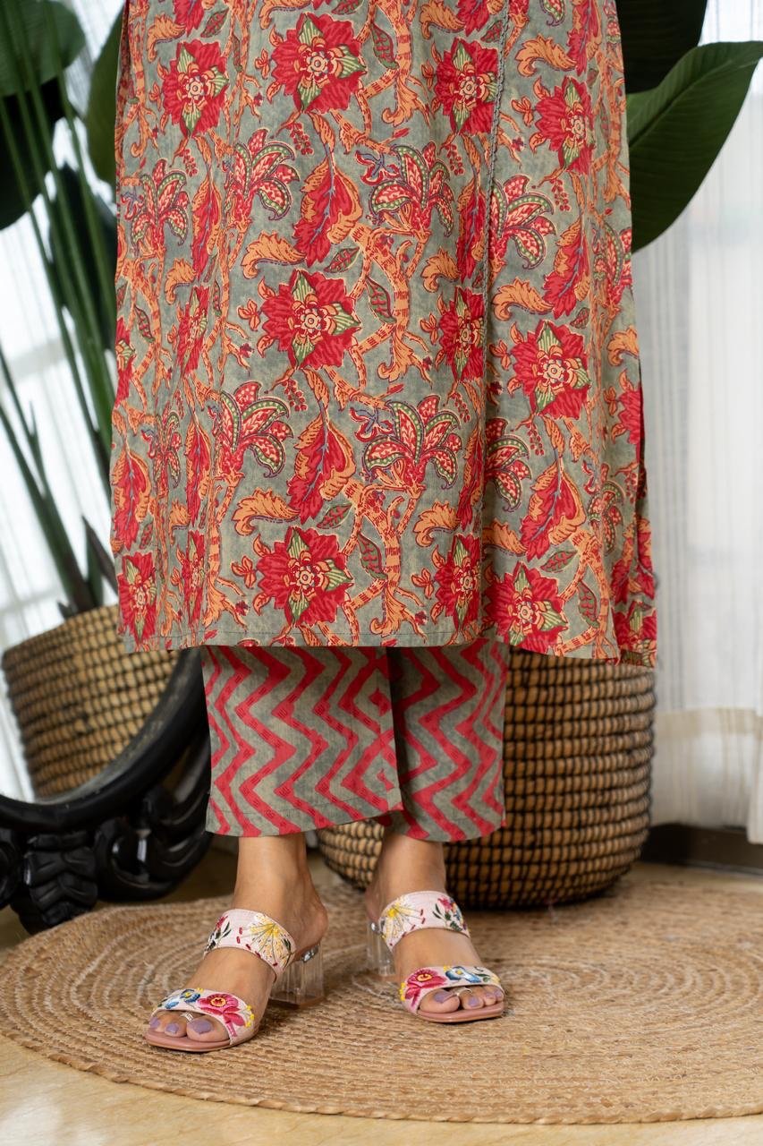 Floral Zig-Zag Angrakha Set- Greyish Green