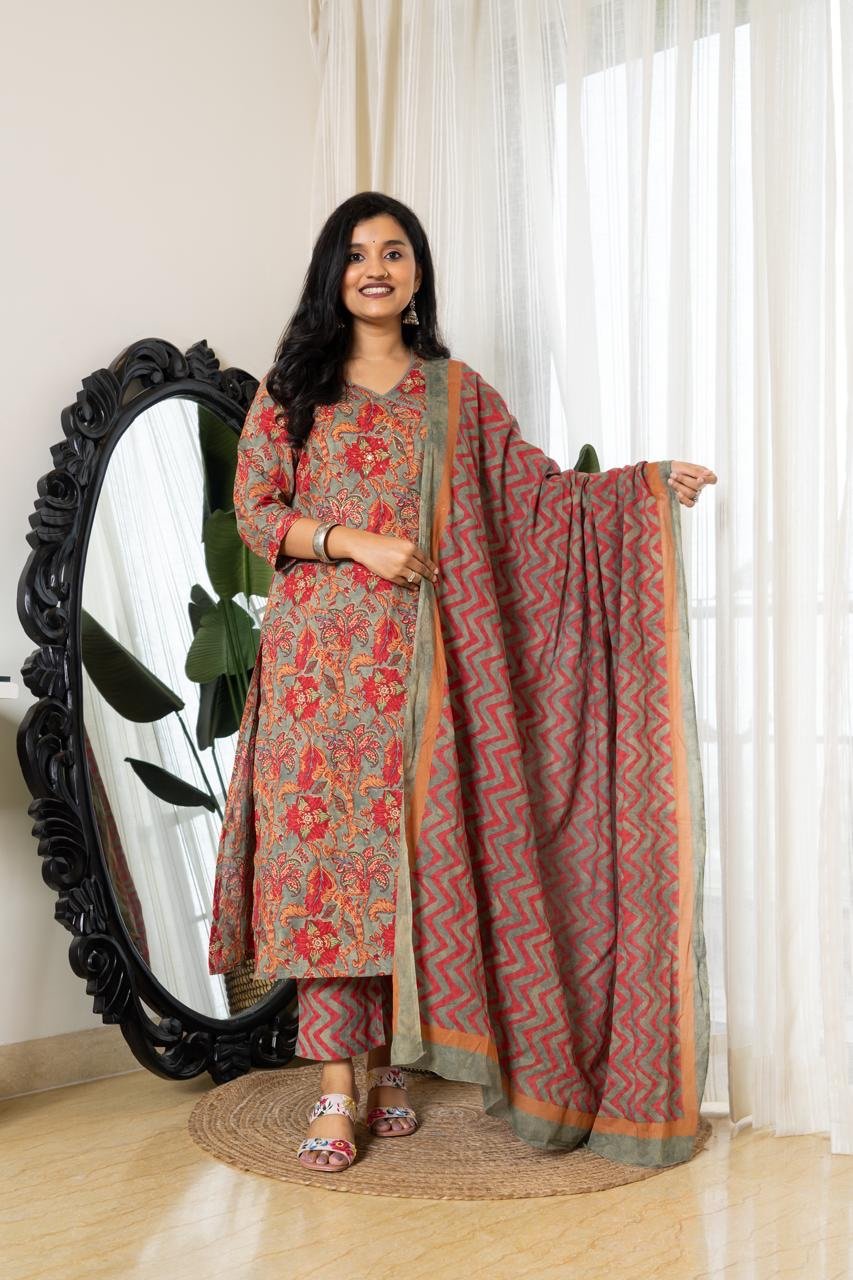 Floral Zig-Zag Angrakha Set- Greyish Green