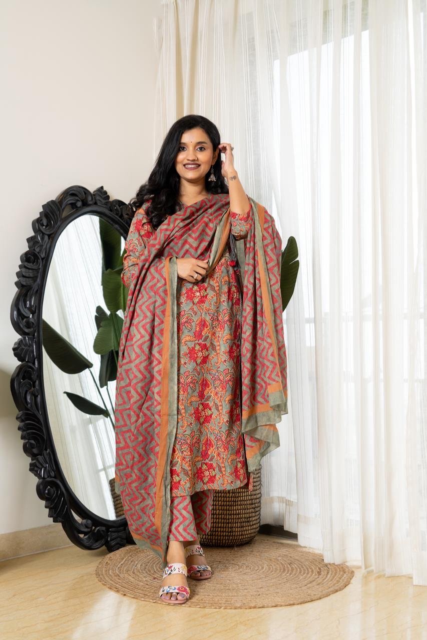 Floral Zig-Zag Angrakha Set- Greyish Green