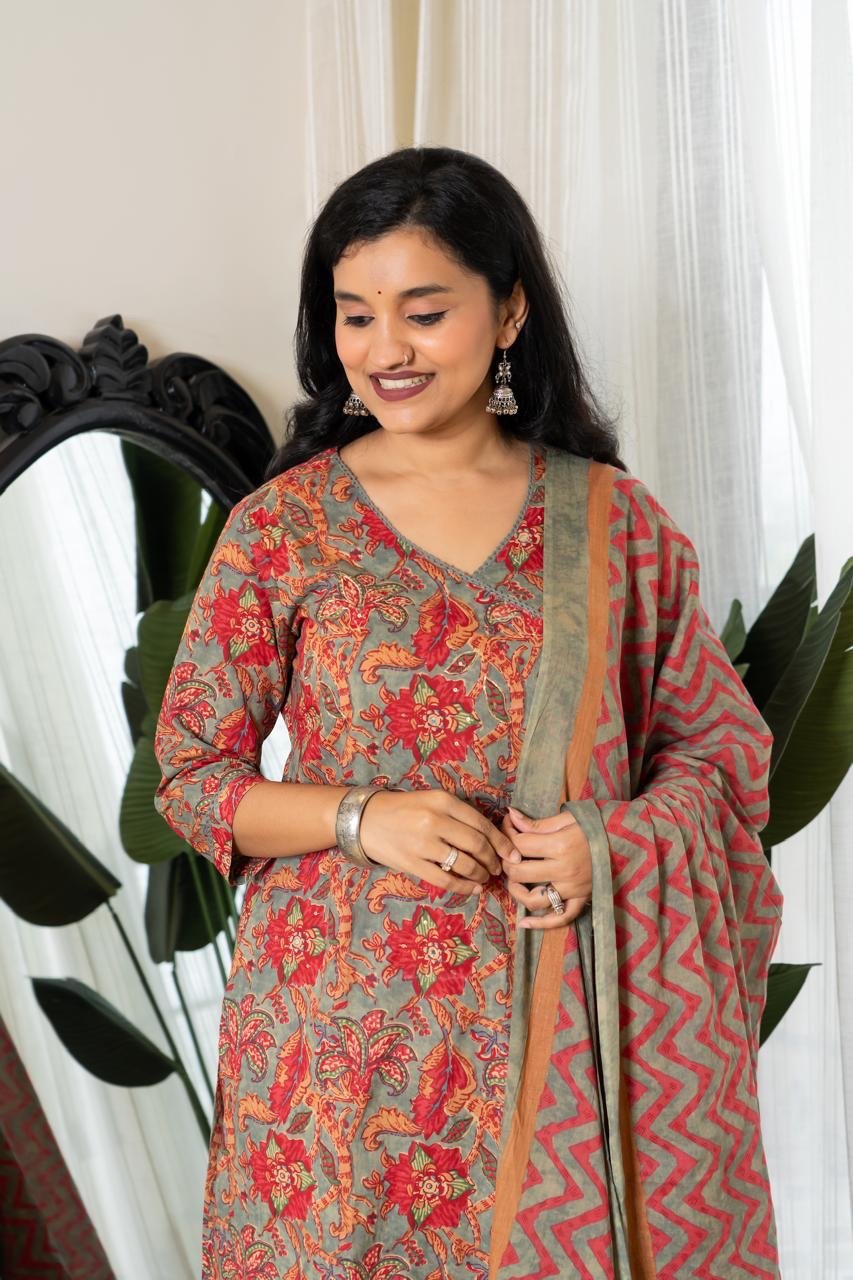 Floral Zig-Zag Angrakha Set- Greyish Green