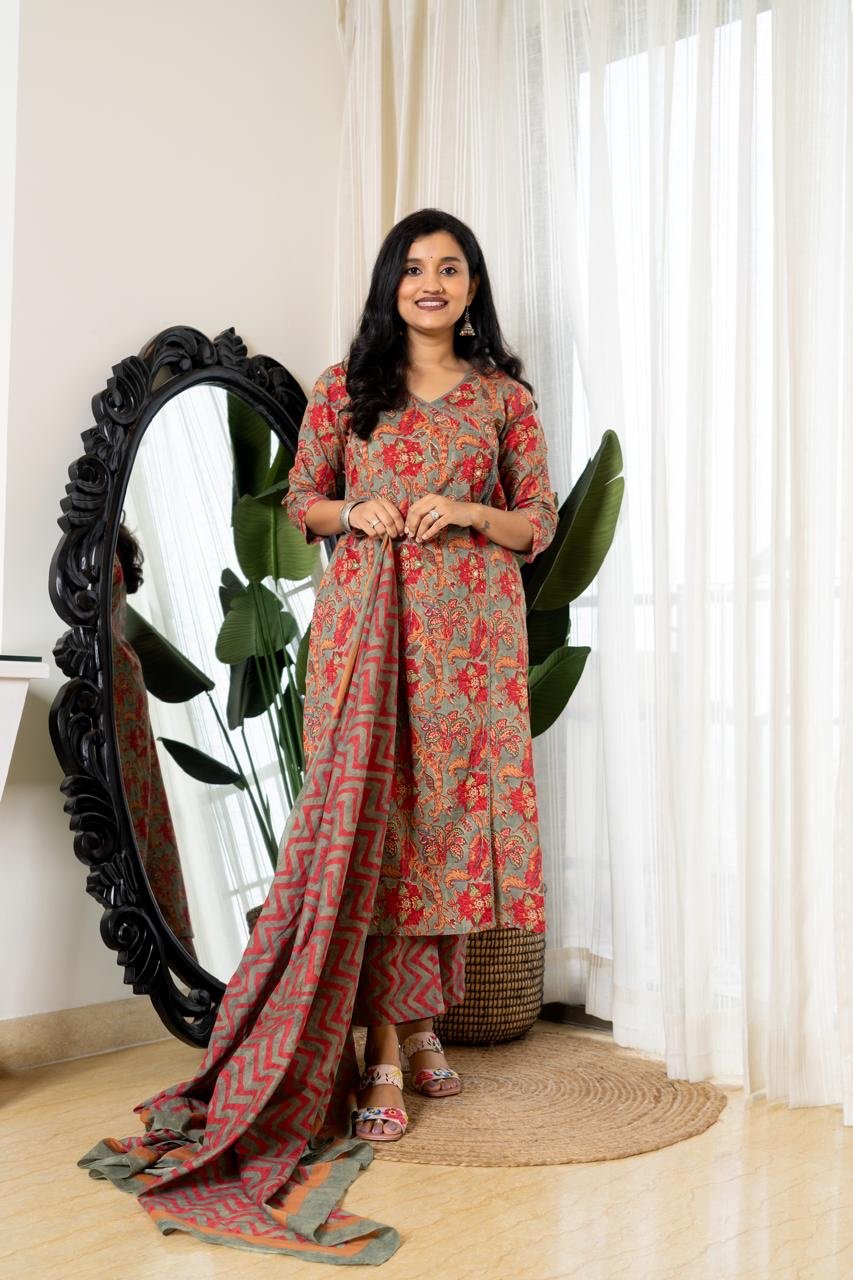 Floral Zig-Zag Angrakha Set- Greyish Green