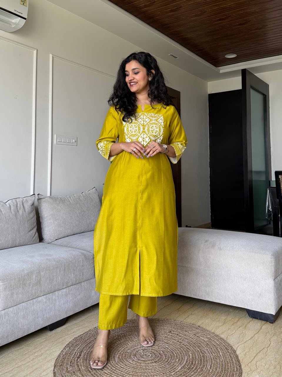 Neer Embroidered Straight Set- Yellow