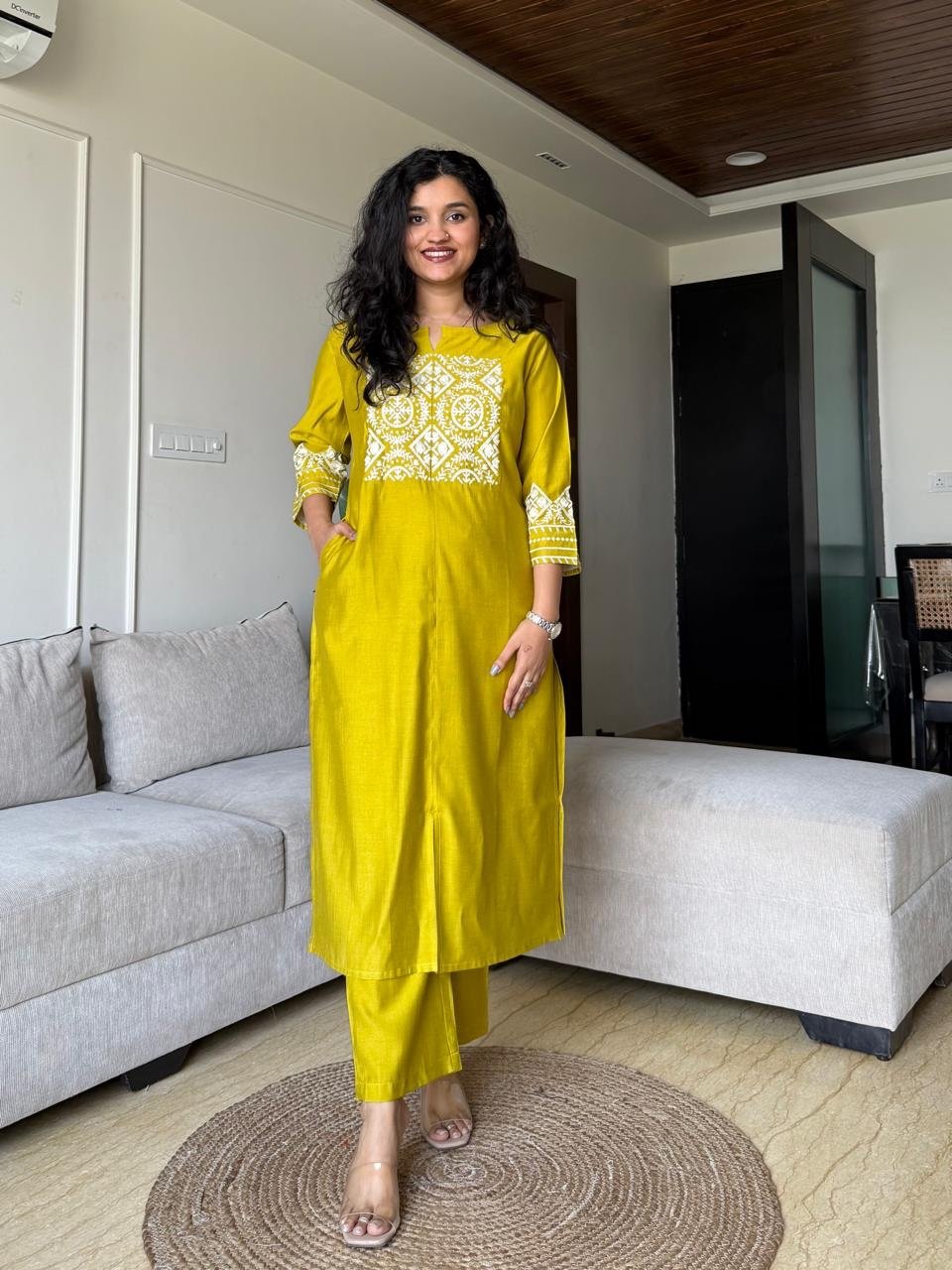 Neer Embroidered Straight Set- Yellow