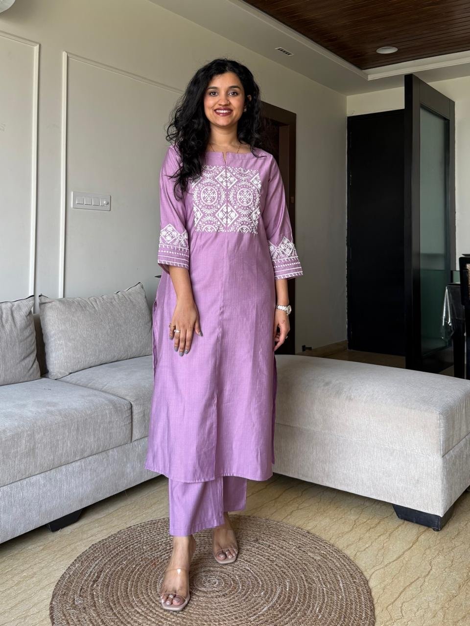 Neer Embroidered Straight Set- Light Purple