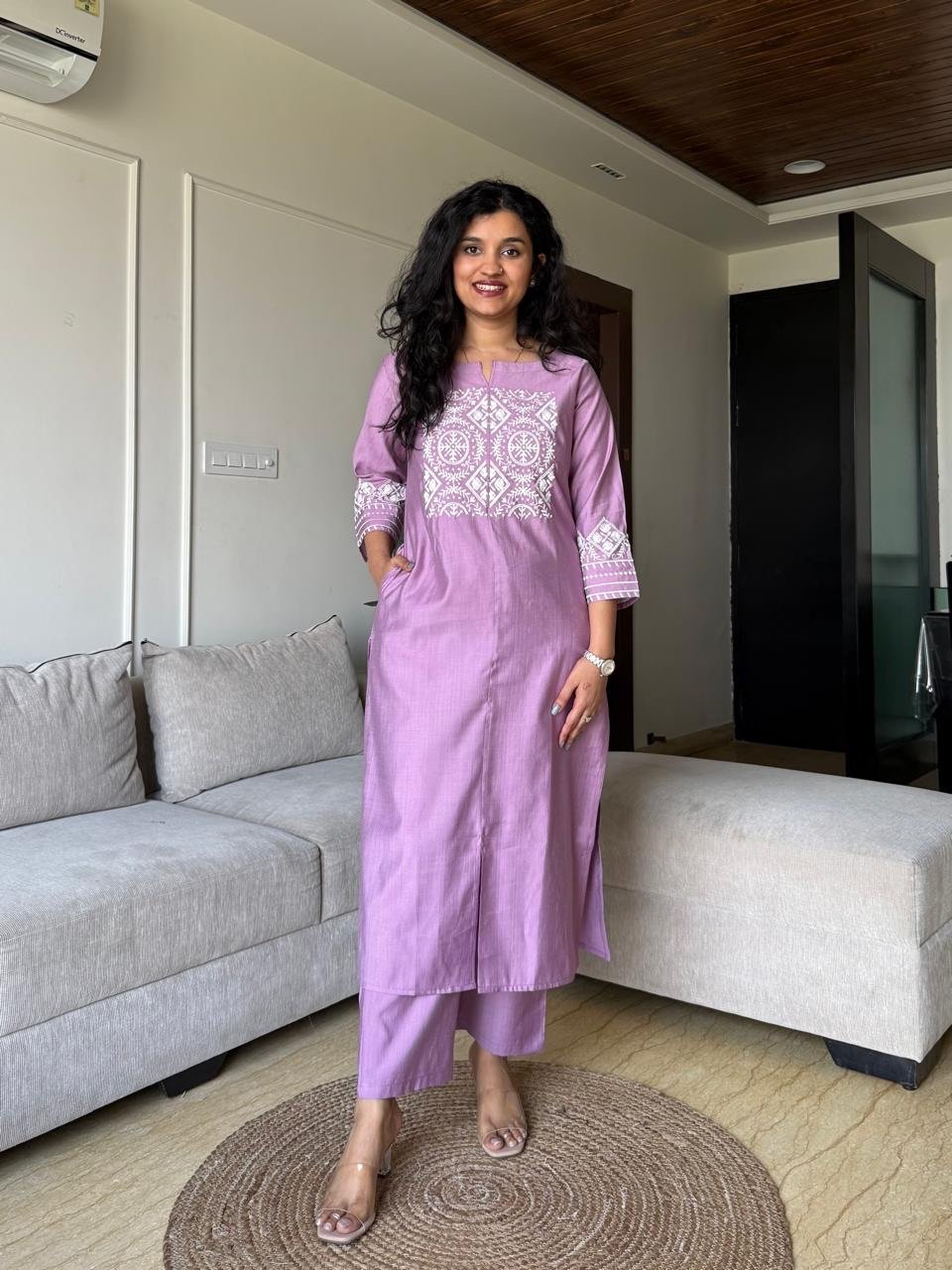 Neer Embroidered Straight Set- Light Purple