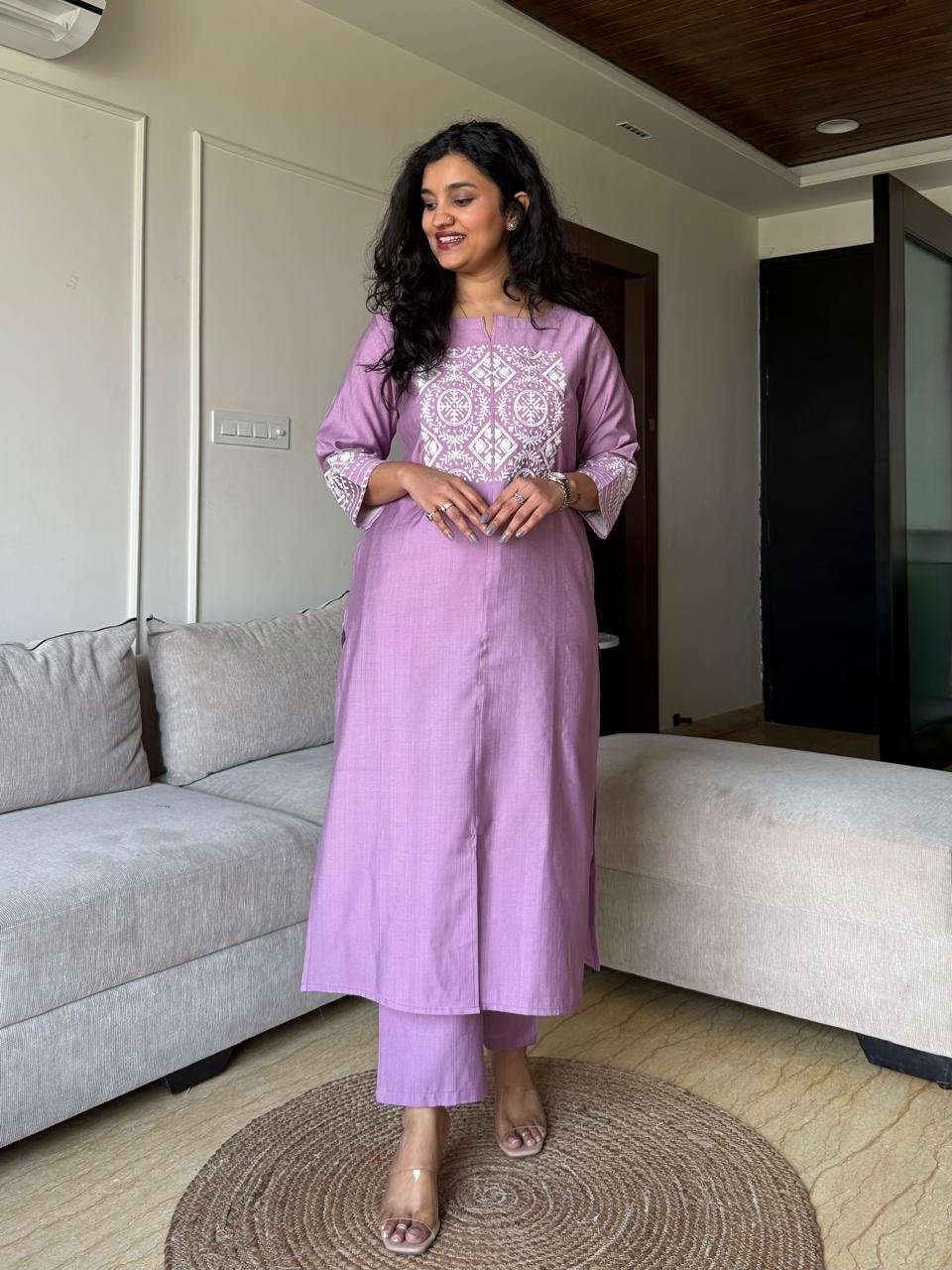 Neer Embroidered Straight Set- Light Purple